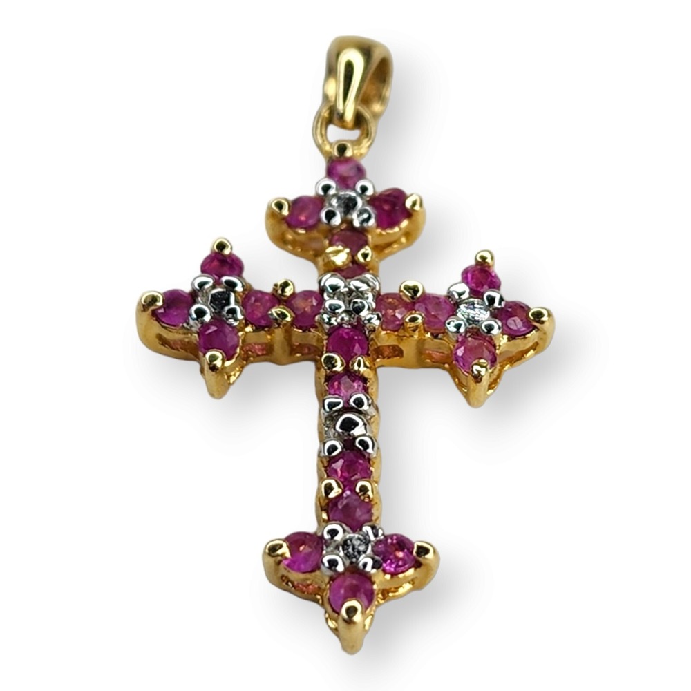 Ross Simons Vintage Sterling Silver 925 Gold Vermeil Ruby Cross Pendant
